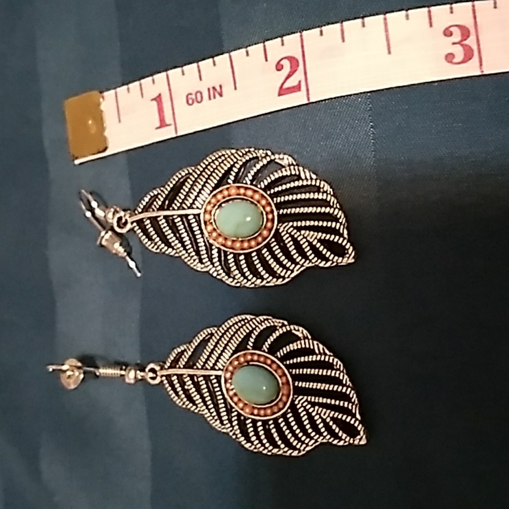 Silver Metal with turquoise stone leaf shaped earrings